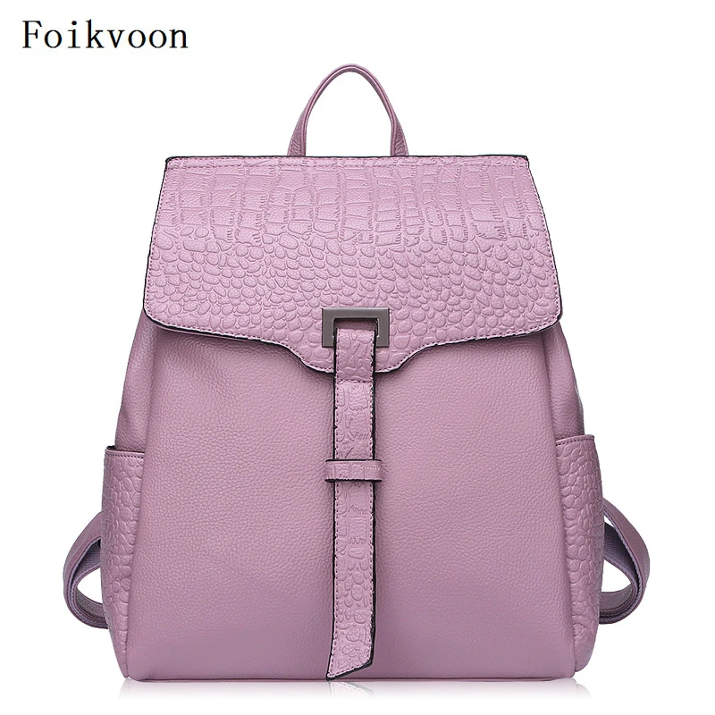 

Foikvoon Backpacking Backpack For Girls Split Leather Alligator Woman Backpacks Bags Solid Color Practical Travel Bags Ladies