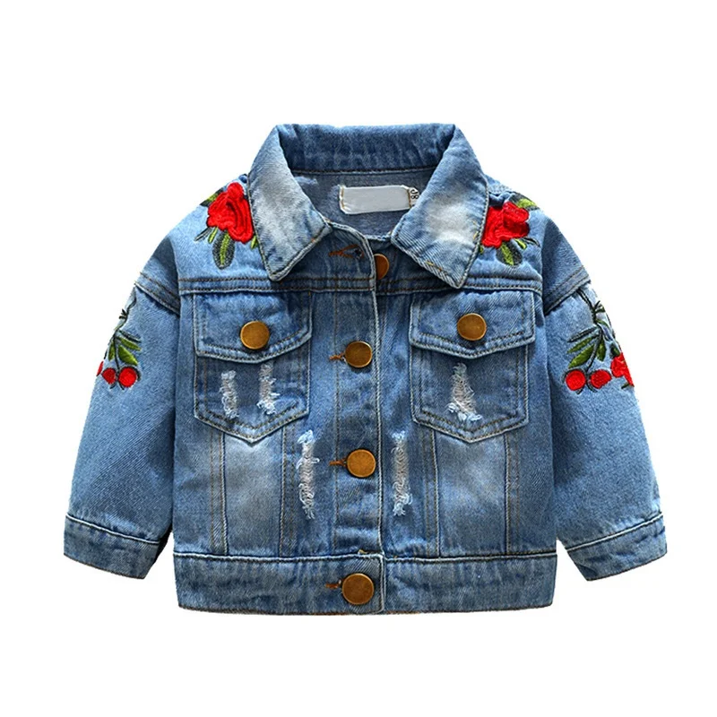 

Girls Jean Jackets Kids Baby Rose Embroidery Coat Long Sleeve Button Denim Jackets Girls 1-5Y New