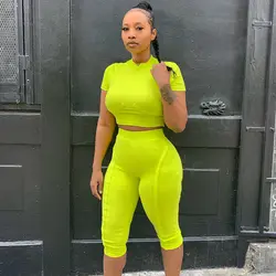 Модные неоновые зеленые шорты для женщин комплект из 2 предметов наборы ухода за кожей фитнес женские бюстгальтеры-бандо Топ с высокой