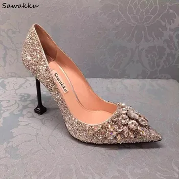 

Fashion Sexy Pointed Toe Bride Wedding Shoes Bling Bling Rhinestone High Heels Pumps Clear Crystal Cinderella Shoes Woman