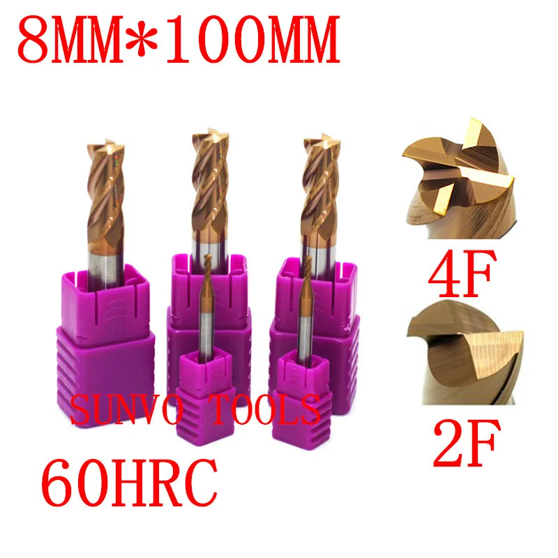 2PCS 4/2 flutes 8x100MM HRC45 HRC50 HRC55 HRC60 HRC65 8MM Tungsten Carbide End Mill R4 ball end End Mill Aluminum milling cutter