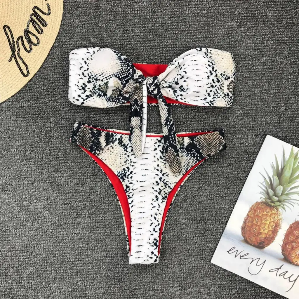 

Bikini 2019 Sexy Simple Swimwear Women Snake Print Swimming Suit For Women Swimsuit Off Shoulder Bikini Set