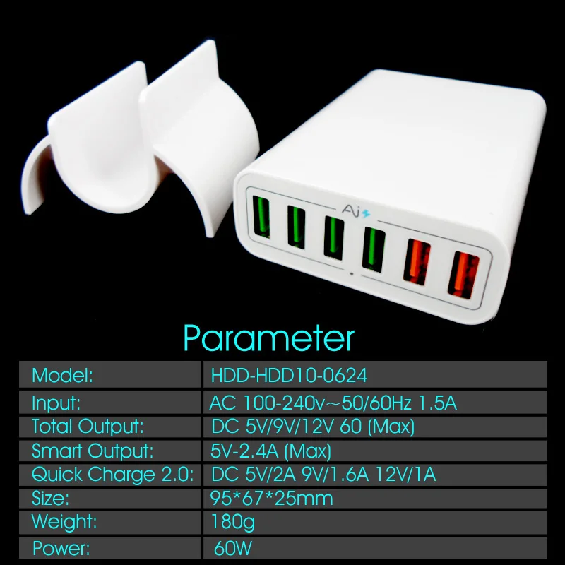 6 Порты и разъёмы универсальный Смарт USB Зарядное устройство 2.4a max 60 Вт 5 В/12a США ЕС стены зарядки Quick Charge 2.0 5 В телефон 9 В 12 В Планшеты Зарядное устройство