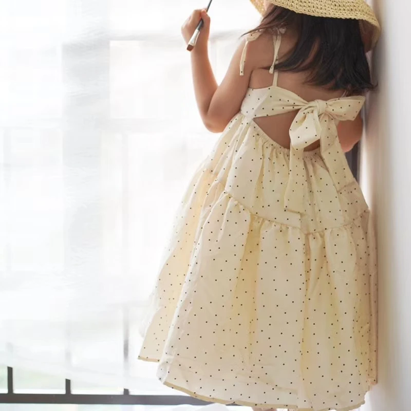 Розничная, коллекция 6432 года, платье-пачка в горошек с бантом на спине, платье принцессы для дня рождения, платье для маленьких девочек новое летнее детское платье для свадебной вечеринки, одежда для маленьких девочек