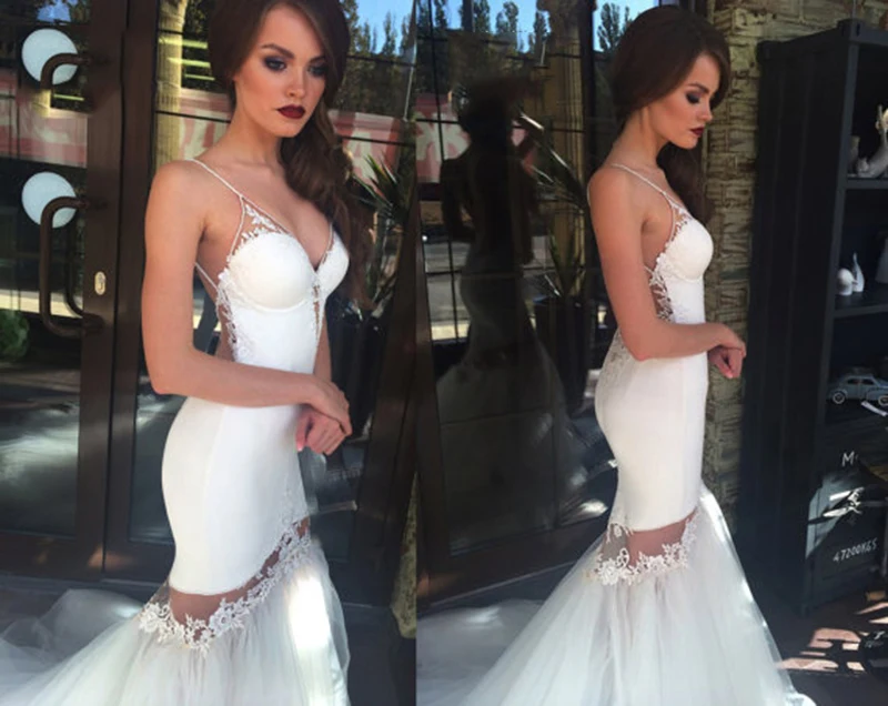 Vestidos de Novia Sexy v-образным вырезом спинки Русалка платье Очаровательная аппликация Съемная Свадебная вечеринка платье; Robe de Mariage