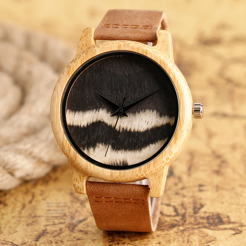 

White Dial Wave Bamboo Wood Watch Men Creative Nature Light Clock Genuine Leather Bangle reloj madera hombre 2019 Gifts