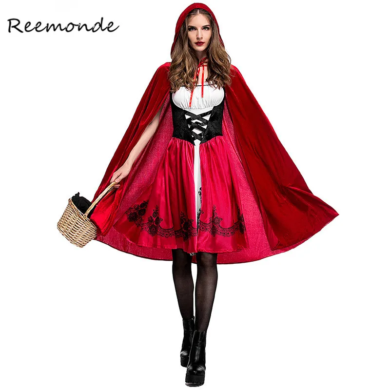 Fairy Tales Little Red Riding Hood Costume Red Cap Cloak Cosplay Cape Clothing For Women Girls Halloween Purim Party Dress