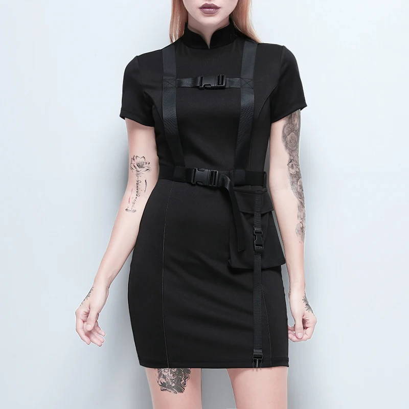

Gothic Black Dress Women Bodycon Slim Sexy Velvet Dresses Chinese Cheongsam Dresses Buckle Bandage Punk Street Female Mini Dress