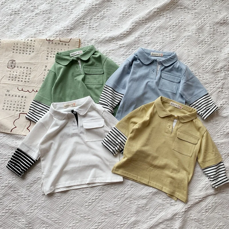 

New 2019 Autumn Design Baby Boys Cotton Linen T-shirts Japanese Style Patchwork Striped Sleeve Tops Boys Clothes 4 colors