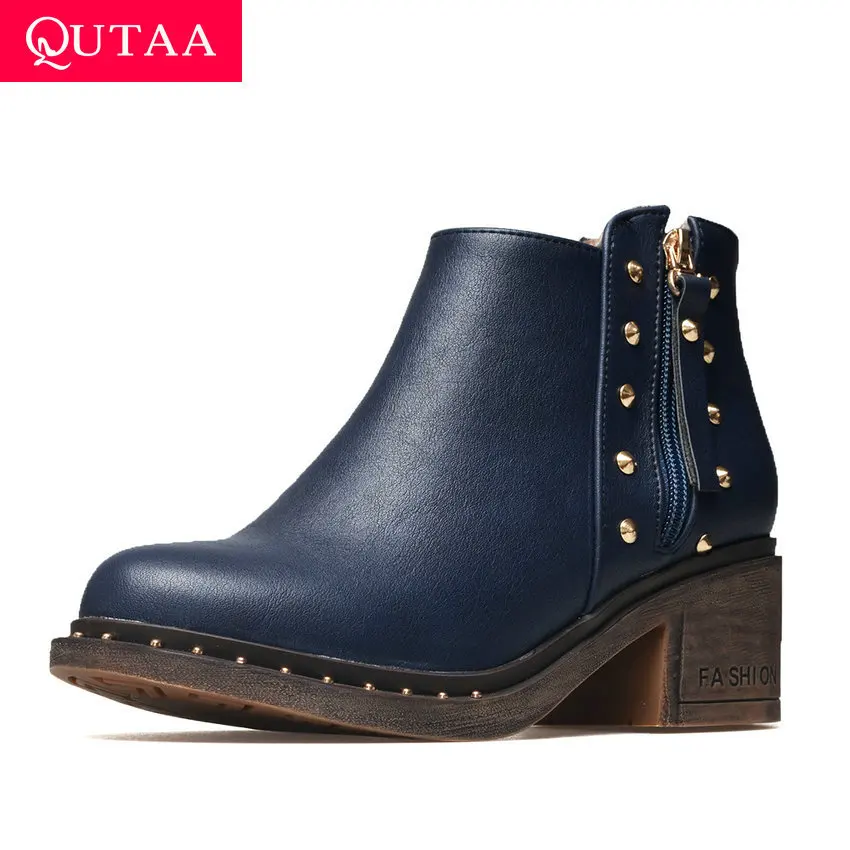 QUTAA Round Toe Casual Women Ankle Boots Winter Warm Fur Antiskid Shoes Fashion Rivet Thick Heel Zipper Boots Size 34-43