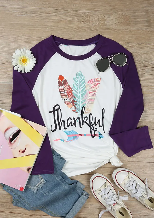 

2019 New Stylish VESSOS Woman'S Thanksgiving Feather Arrow T-Shirt Multi-Colored Female O-Neck Long-Sleeved Shirt