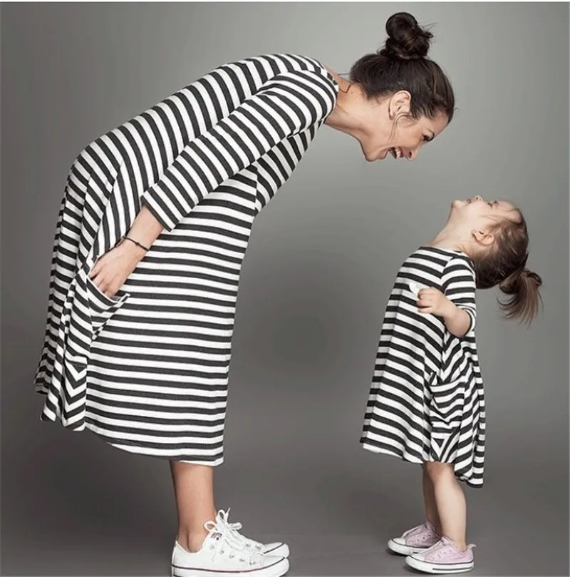 

Family Matching Outfits baby girl and mom long sleeve dress spring girl dress casual kids pajamas stripe family Clothing