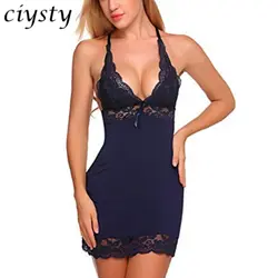 Ciysty 2018 Для женщин пикантные Кружево ночная рубашка хлопок рубашка стрейч облегающее платье мини пижамы сексуальное женское белье плюс