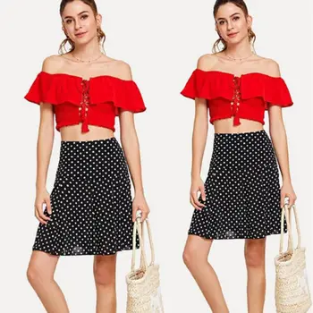 

2018 New Vintage Women Stretch High Waist Wave Point Print Flared Pleated Chic Summer Swing Skirt Fashion Skirts