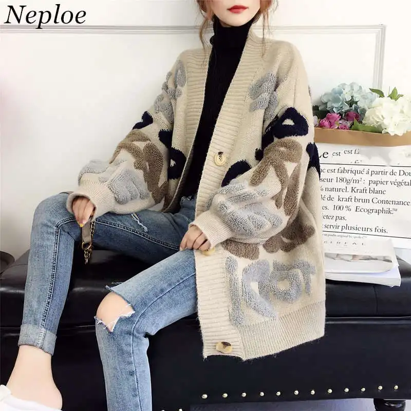 

Neploe 2019 Sweater Female Cardigan Knitted Korean Winter Clothes Loose Women's Tops Thick Plus Size Harajuku Letter Coat 36509