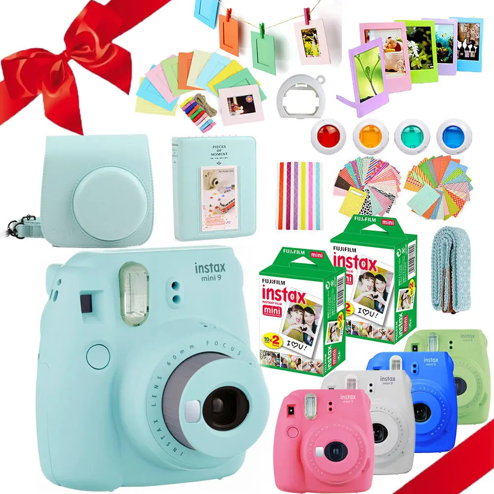 Fujifilm Instax Mini 9 Camera + 40 Shots Mini 8 Instant White Film Photo Paper + PU Carry Bag