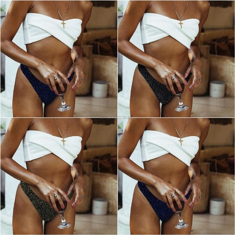 

Bikini Set Off The Shoulder Strapless Irregular Cross Wrap Front Bandeau Glitter Metallic Thong Color Block Patchwork Swimsuit