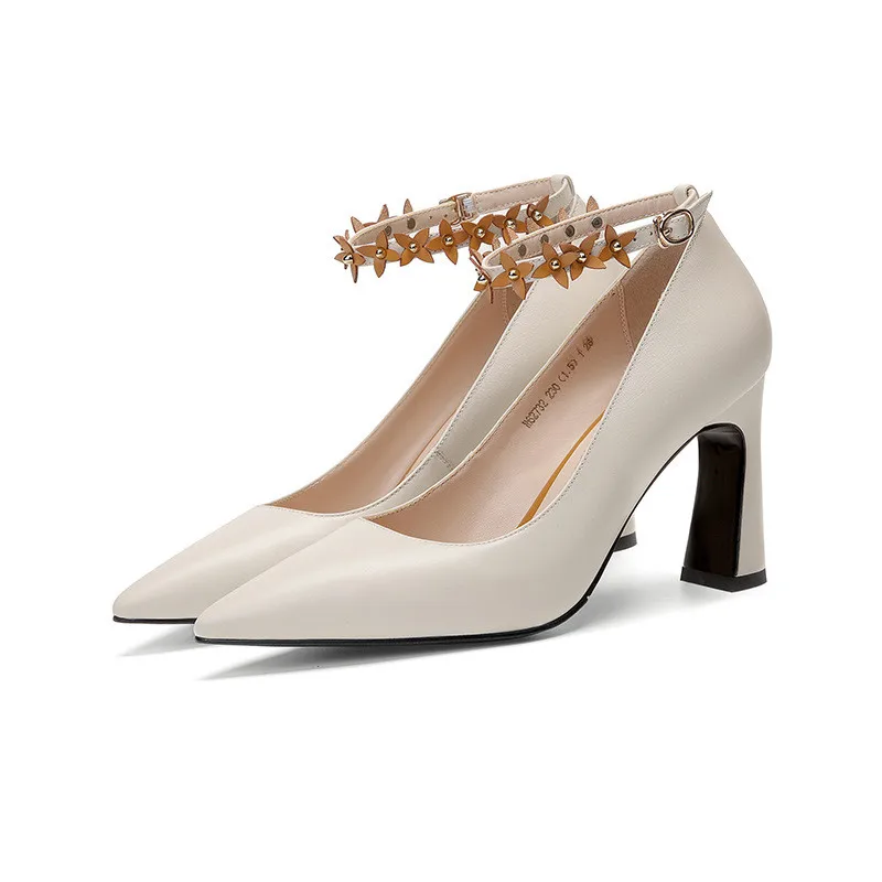 

2019 spring and autumn thick with high heels single shoes with a buckle with women's shoes beige 0324