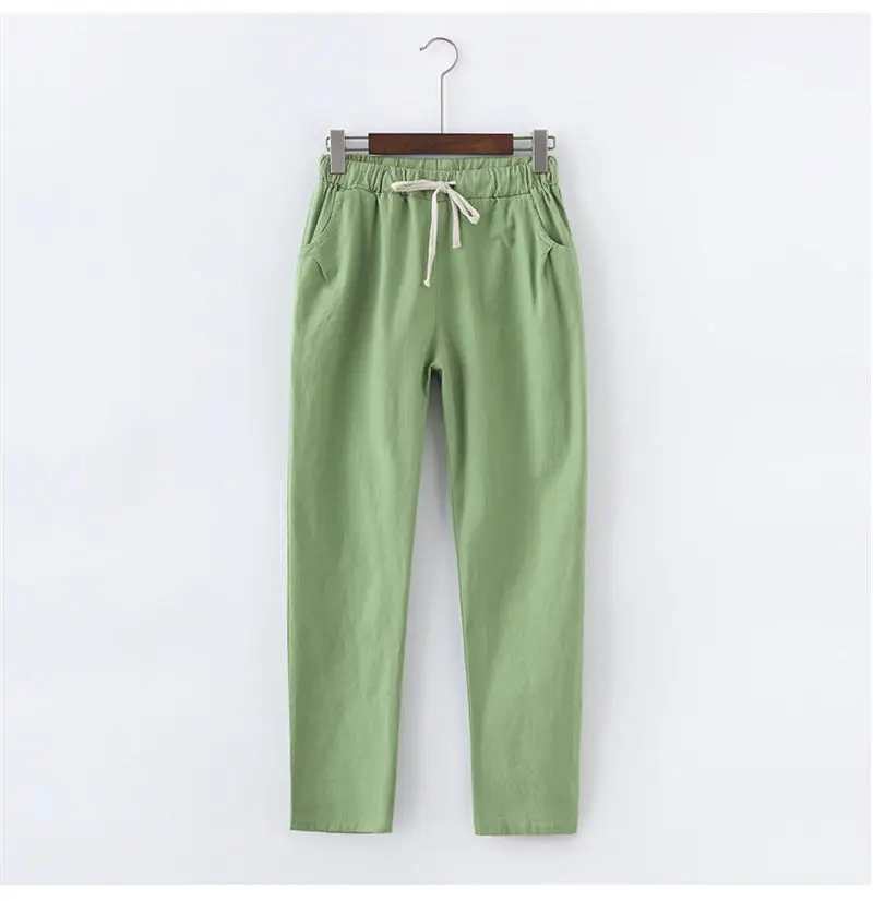 Белые/черные брюки, женские хлопковые льняные панталоны, повседневные уличные брюки, женские шаровары размера плюс, женские брюки Q1130 - Цвет: Green