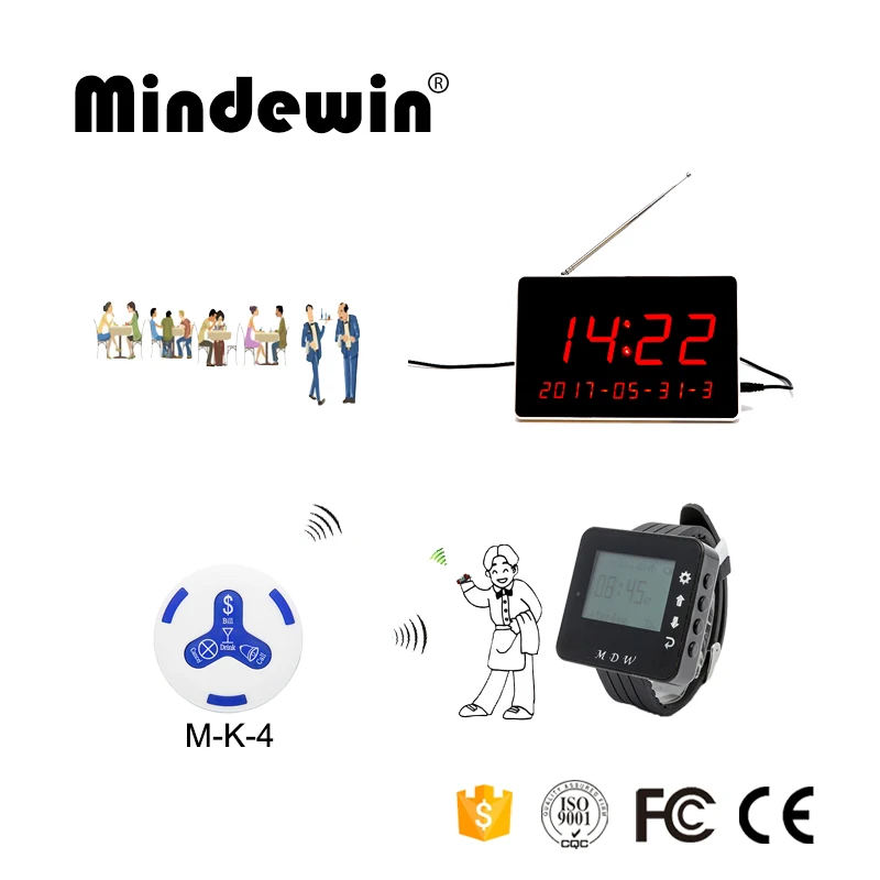 

Mindewin Service Waiter Calling Bell Wireless Restaurant Paging System 10PCS Call Button + 1PCS Watch Pager + 1PCS LED Display