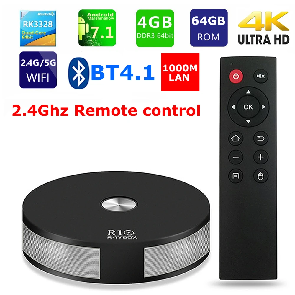 

R10 Smart TV Box RK3328 Quad core 4GB Ram 64GB Rom Android 7.1 Bluetooth 4.1 2.4G/5G Dual WIFI 3D 4K HDR10 1000M Lan Set-top Box