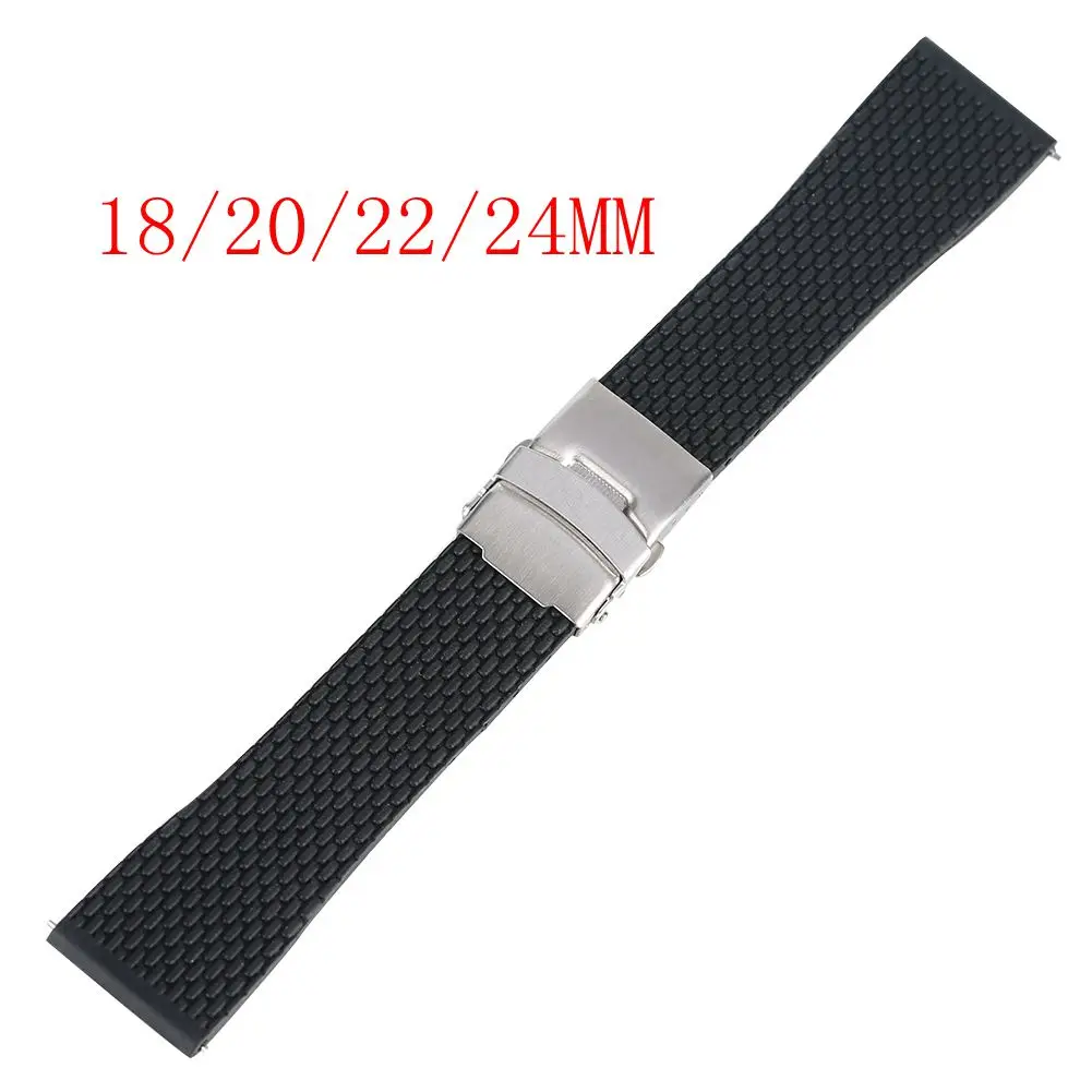 

18MM/20MM/22MM/24MM Width Black Rubber Wristwatch Band Strap with Safety Folding Clasp Soft Silica Replacement Watches Strap