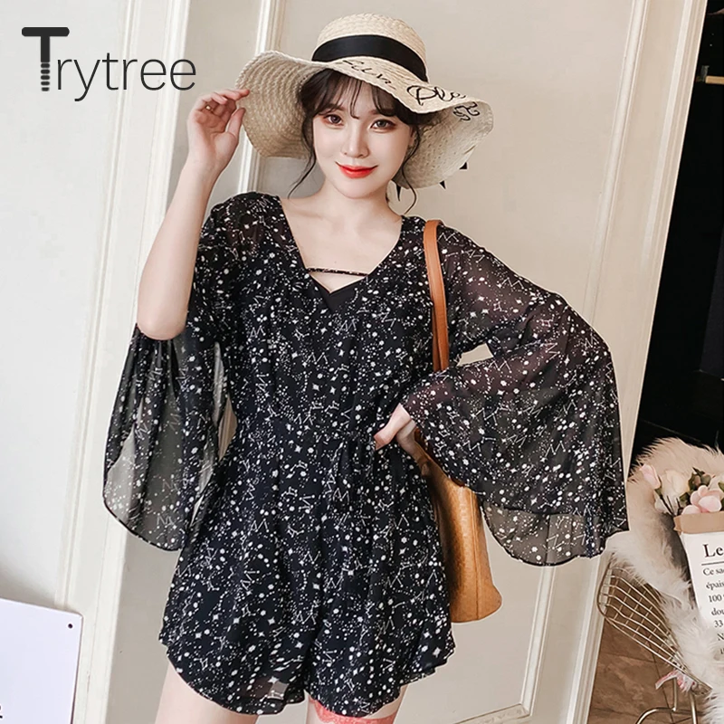 

Trytree Summer Silky Printed Rompers Women perspective Bohemia Playsuit Jumpsuit Ladies Ruffles Loose Sun protection Jumpsuits