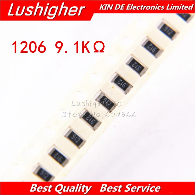 

100PCS 1206 SMD Resistor 5% 9.1K ohm 912 9.1Kohm 9100ohm