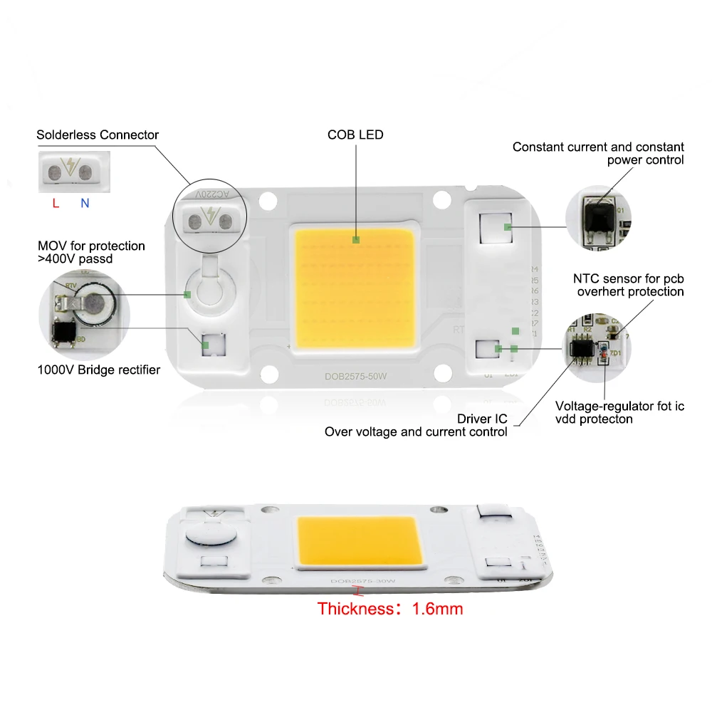 Светодиодный COB ламповый чип AC 220 В 20 Вт 30 Вт 50 Вт Smart IC DIY Светодиодный прожектор Прожектор DOB чип для светодиодной лампы Beans наружная лампа