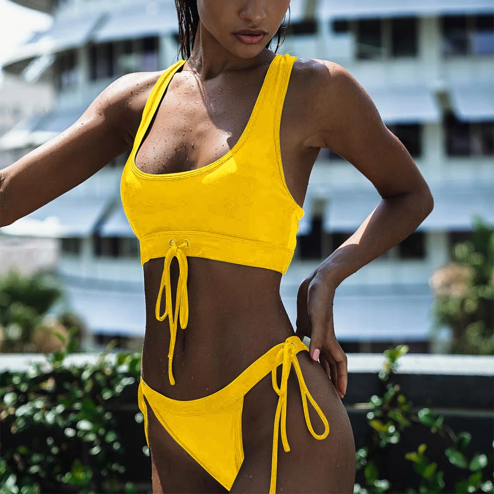 

OMKAGI Lace Up Swimsuit Swimwear Women Solid Bikinis Set Swimming Bathing Suit Beachwear Sexy Push Up Brazilian Bikini 2019