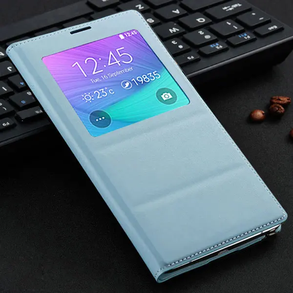 Откидная крышка Бумажник кожаный чехол для телефона samsung Galaxy Note 4 Smart View Note4 SM N910 N910F N910H SM-N910F с оригинальным чипом - Цвет: sky blue