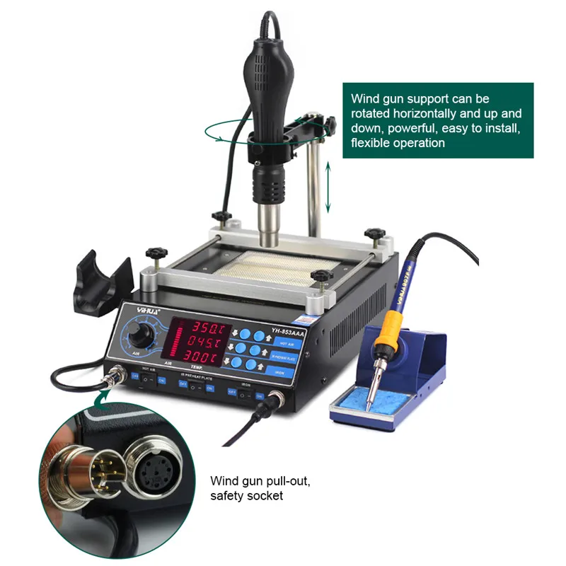 853AAA SMD горячего воздуха пистолет + 60 Вт паяльники + 500 Вт станция предварительного нагрева многофункциональный в паяльная станция 650 Вт