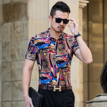 

new arrival colorful printed shirt men brand good quality short sleeve casual dress shirts plus size