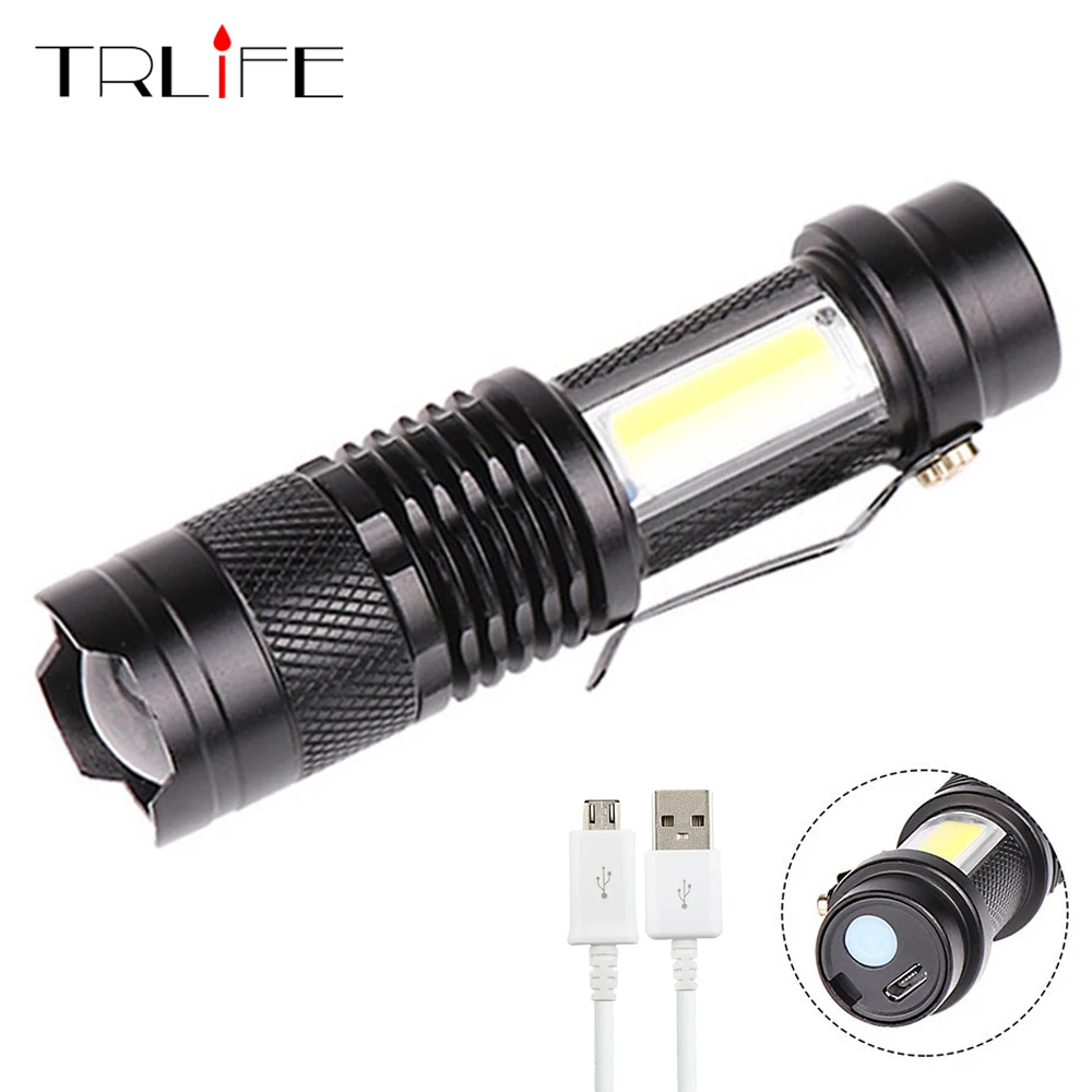 

SK68 Q5+COB LED Flashlight USB Rechargeable Portable Mini ZOOM torch 3modes Built-in Battery Flashlight Waterproof for Camping