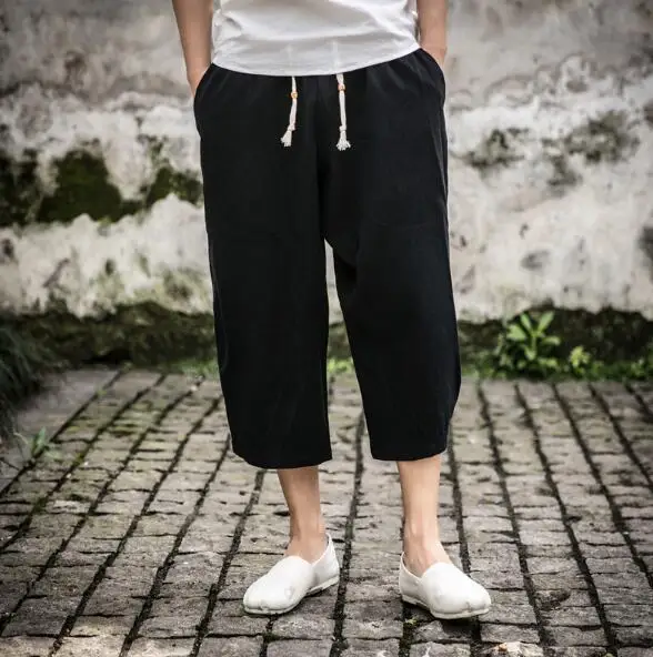 Man Linen Cropped Cross Pant Trouser Men Casual Wide-Legged Bloomers Summer Male Traditional Nepal Trousers - Цвет: Черный