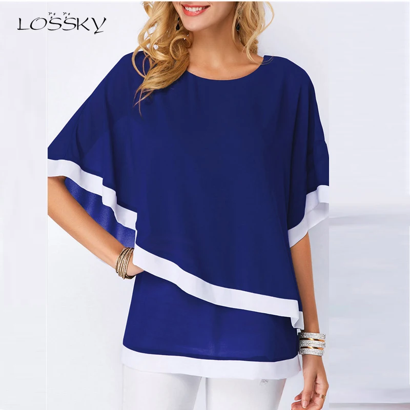 

Lossky Summer Blouse Tops Women O Neck Half Sleeve Stitching Chiffon Shirts Batwing Sleeve Casual Simple Ladies Streetwear Tops