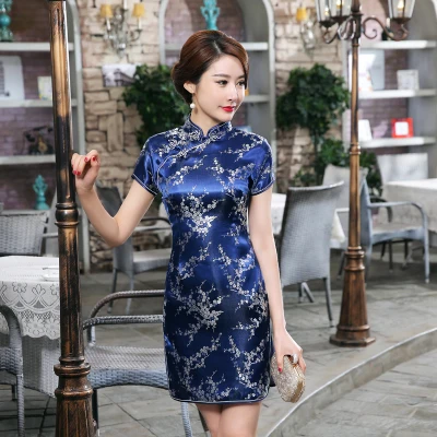 Vintage OLd Shanghai Dragon&Phoenix Qipao Elegant Women Cheongsam Oversize 6XL Mandarin Collar Sexy Short Chinese Dress Vestidos - Цвет: navyblue club