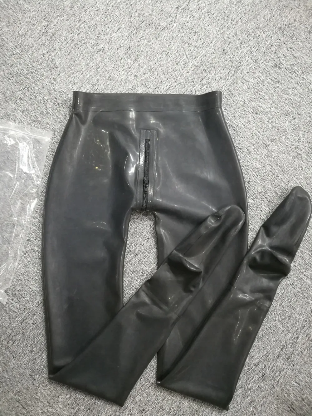 Black Rubber Latex Leggings Crotch Zipper Pants with Socks High Waist