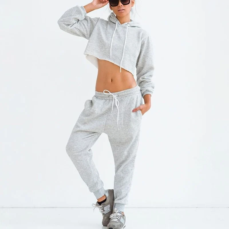 

Women Tracksuit Sexy Solid Gray Black Hoodies Set Casual Long Sleeve Track Suit Costumes Pullovers Crop Hooded Sweatshirt+Pants