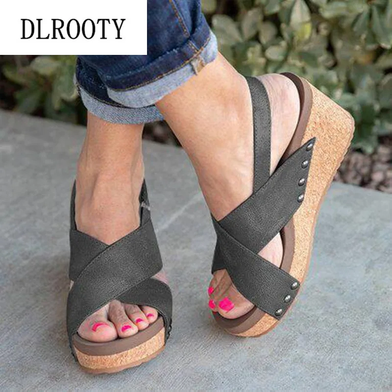 

Woman Sandals Shoes 2019 Summer Style Pumps Wedges Platform Peep Toe Fashion Rivet Solid Breathable Gladiator Plus Size 35-43