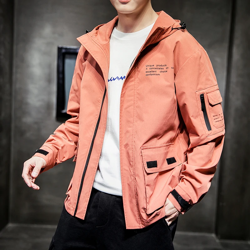 

Mens Tooling Jacket Spring Autumn Loose Casual Safari Style Coat Mens Print Multi-pocket Windbreaker Male zipper outerwear