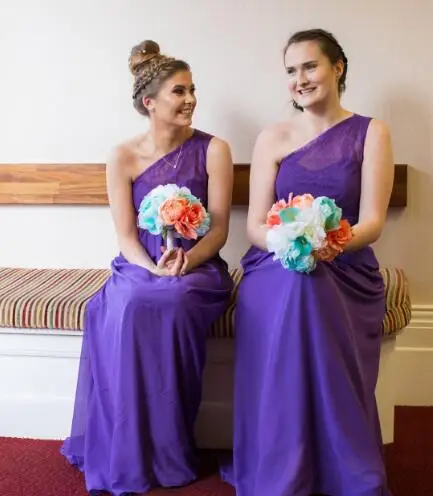 Дешевые фиолетовый шифоновое платье для подружки невесты Новый дизайн заказ Пол Длина Простой стиль одно плечо кружево Свадебная
