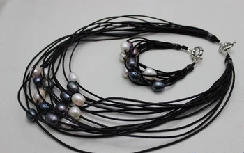 

Free shipping 653 Black Genuine Leather Multi-colors Freshwater Pearl set