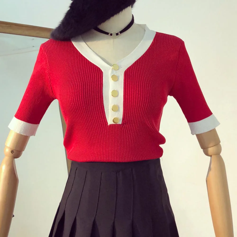 Women summer 2018 hot sale slim knitwear v neck button