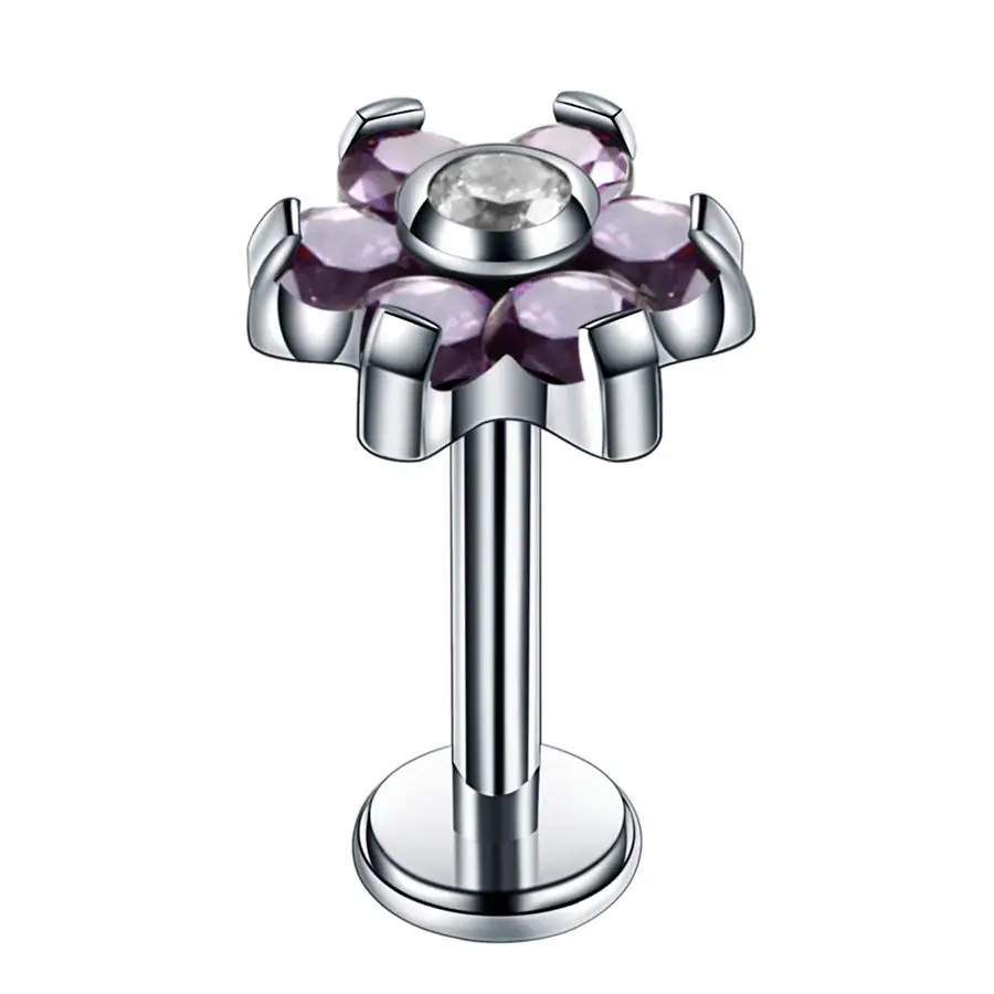 1 шт. титановый опал, пирсинг для уха, Хрустальный цветок Orelha, хрящевая спираль, пирсинг 16 г, кольцо для губ, пирсинг, ювелирные изделия для тела - Окраска металла: Purple