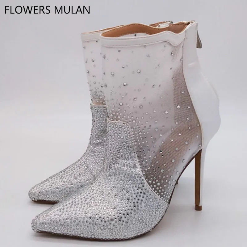 

Handmade Silver Crystal Diamond Pointed Toe Boots For Women Mesh Back Zip Lady Botas Name Brand Gladiators Stilettos Shoes