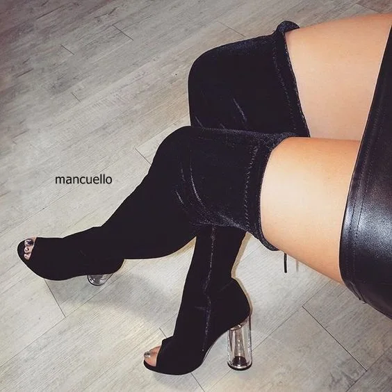 

Classy Women Black Soft Velvet Block Heels Thigh High Boots Sexy Peep Toe Lace Up Transparent Chunky Heel Boots Women Shoes