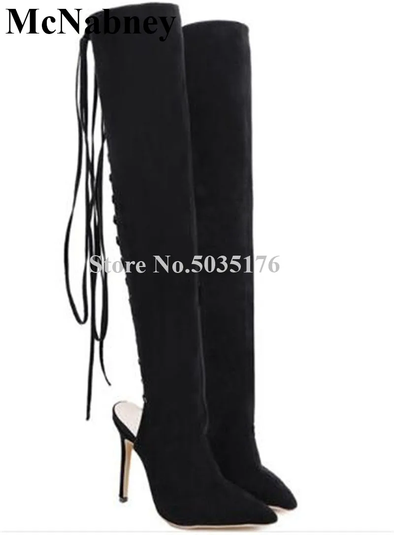 

European Fashion Pointed Toe High Stiletto Heels Over Knee Boots Cross-tied Back Lace-Up Long Boots Spring/Autumn Women Shoes