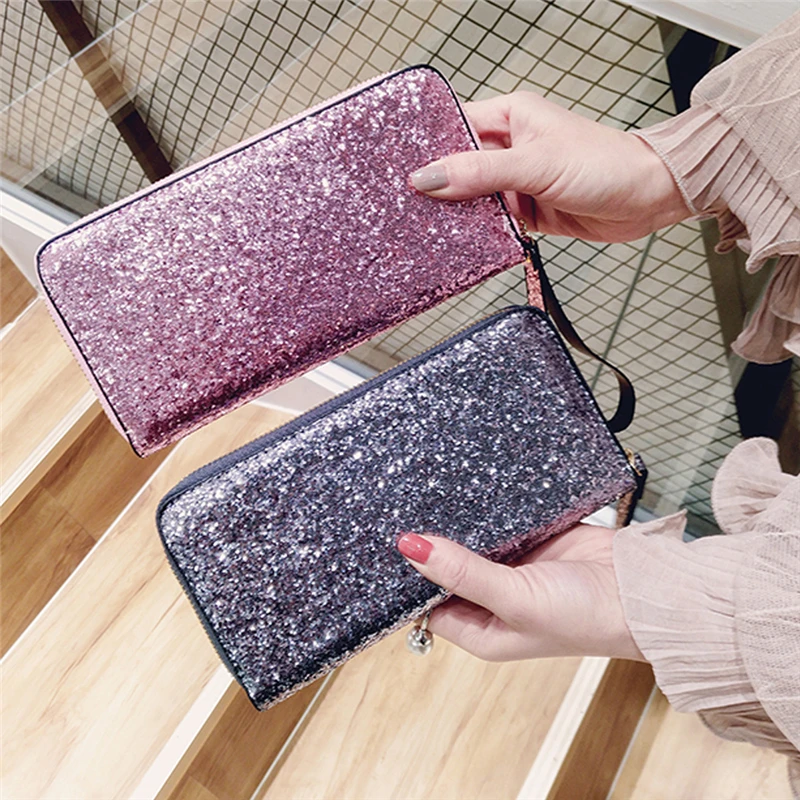

ladies clutch bag long wallet glossy leather credit card holder zipper flash party wallet Bling sequin
