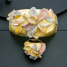 ModemAngel Begonia Flowers Luxury 3 Tone SunFlower Party Wedding Women Bracelet Bangle Ring Set Dress Jewelry